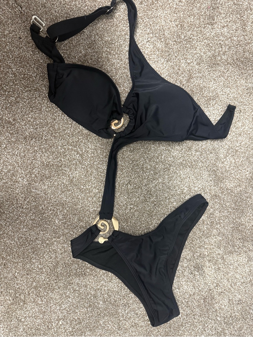 Black One-Piece Cutout Swimsuit with Gold Accent
